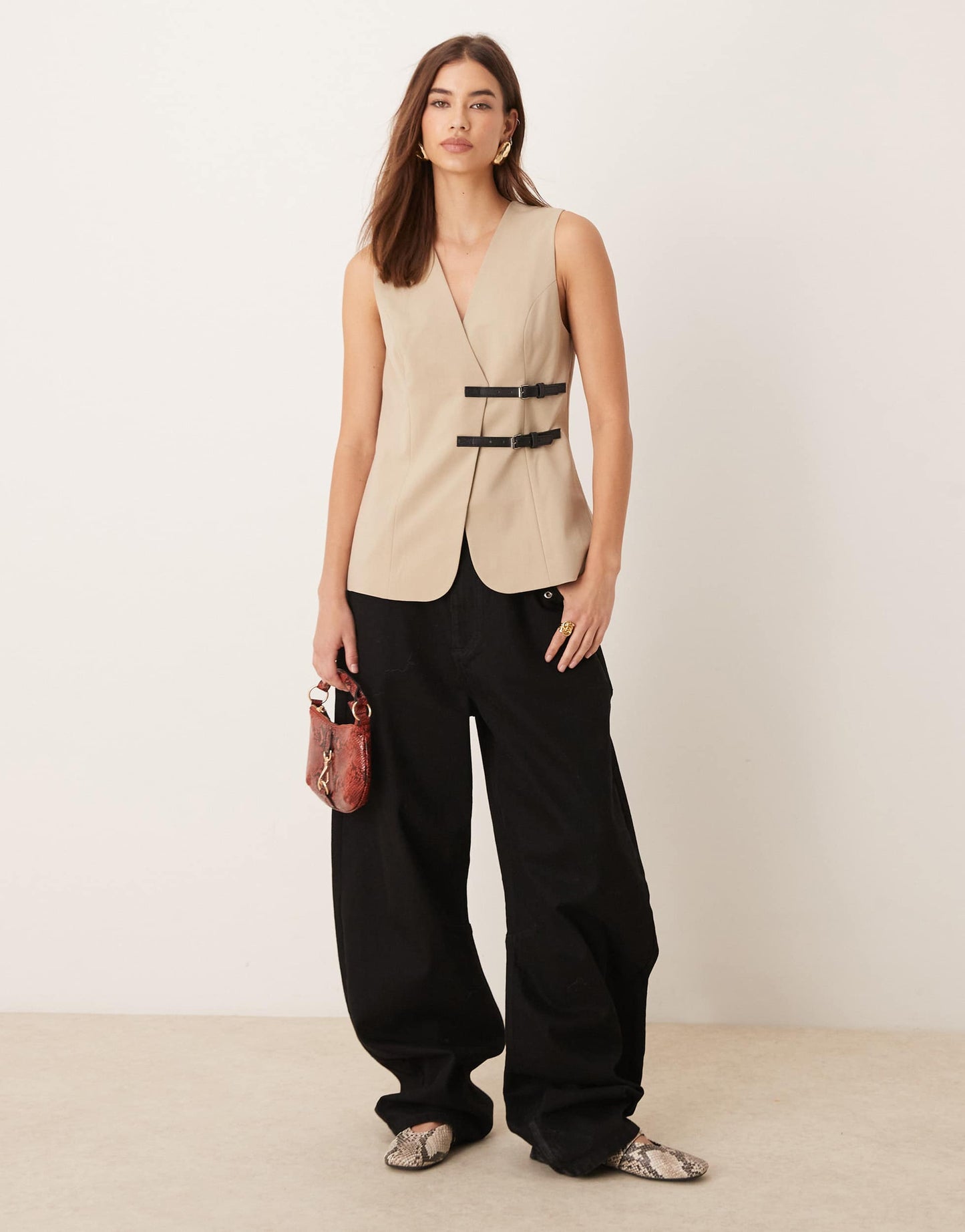ASOS DESIGN longline waistcoat with belt detail in stone