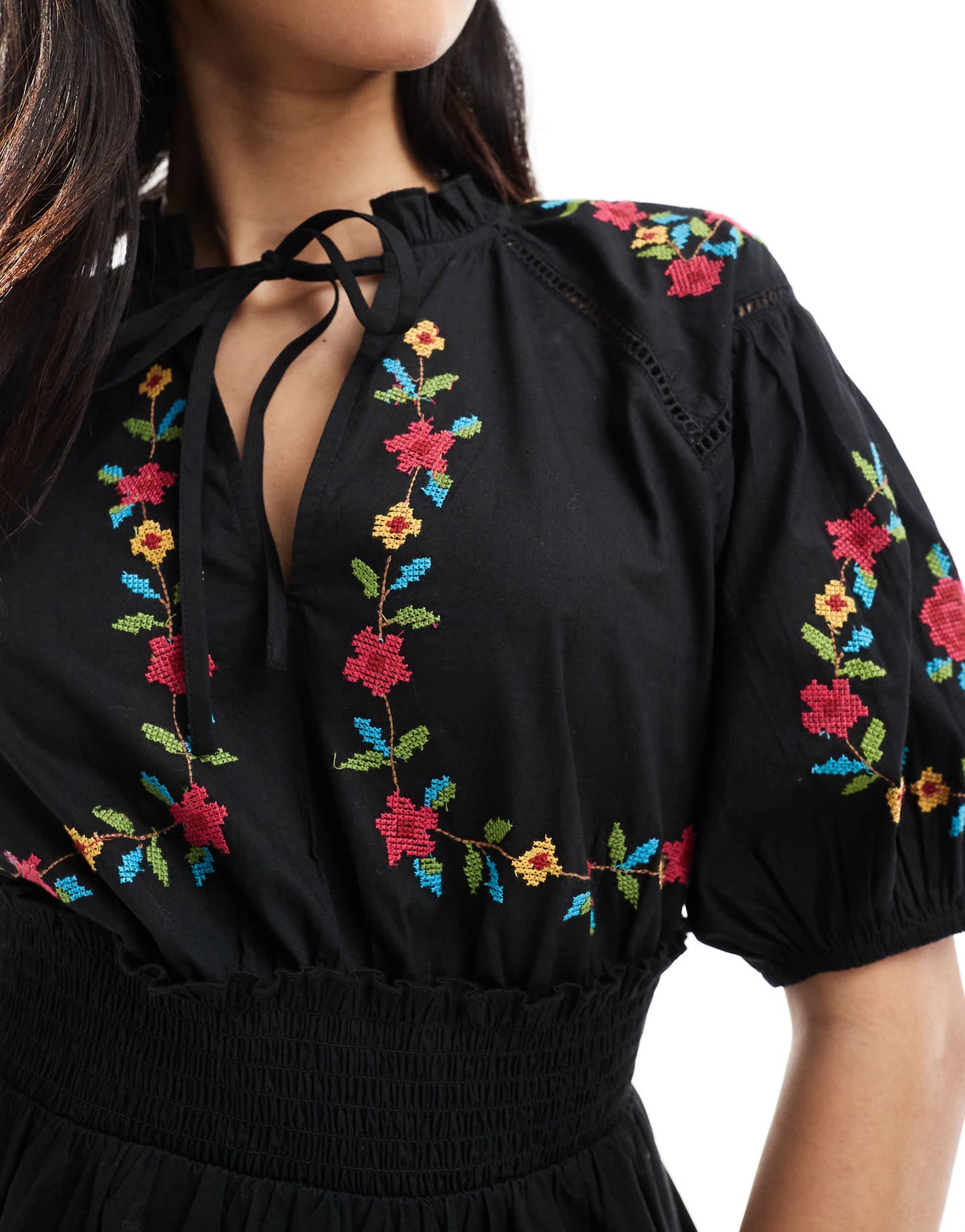 Miss Selfridge western embroidered detail waisted mini dress in black