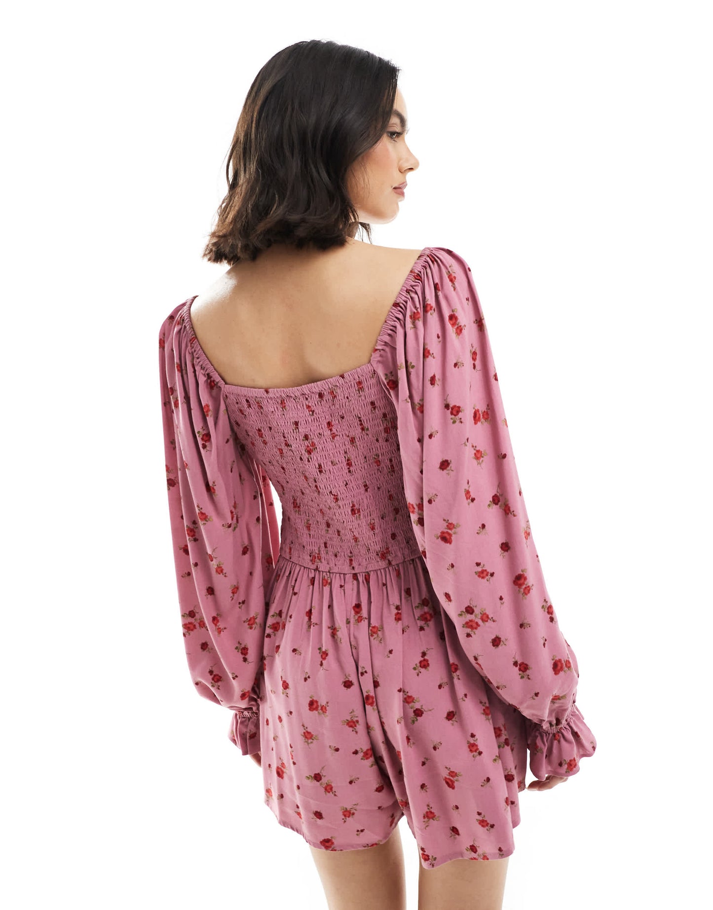 Miss Selfridge long sleeve playsuit in pink ditsy floral print