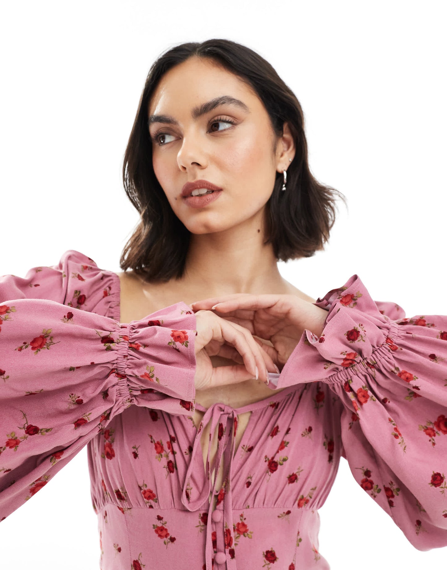 Miss Selfridge long sleeve playsuit in pink ditsy floral print