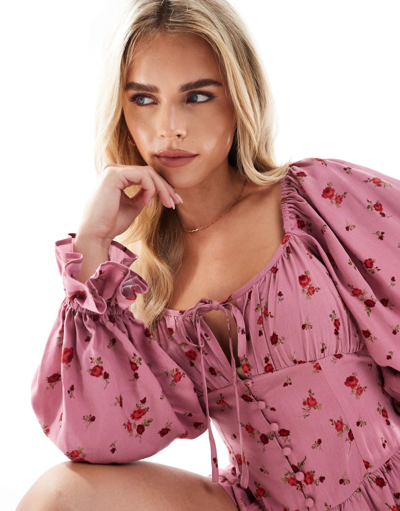 Miss Selfridge Petite long sleeve playsuit in pink ditsy floral print