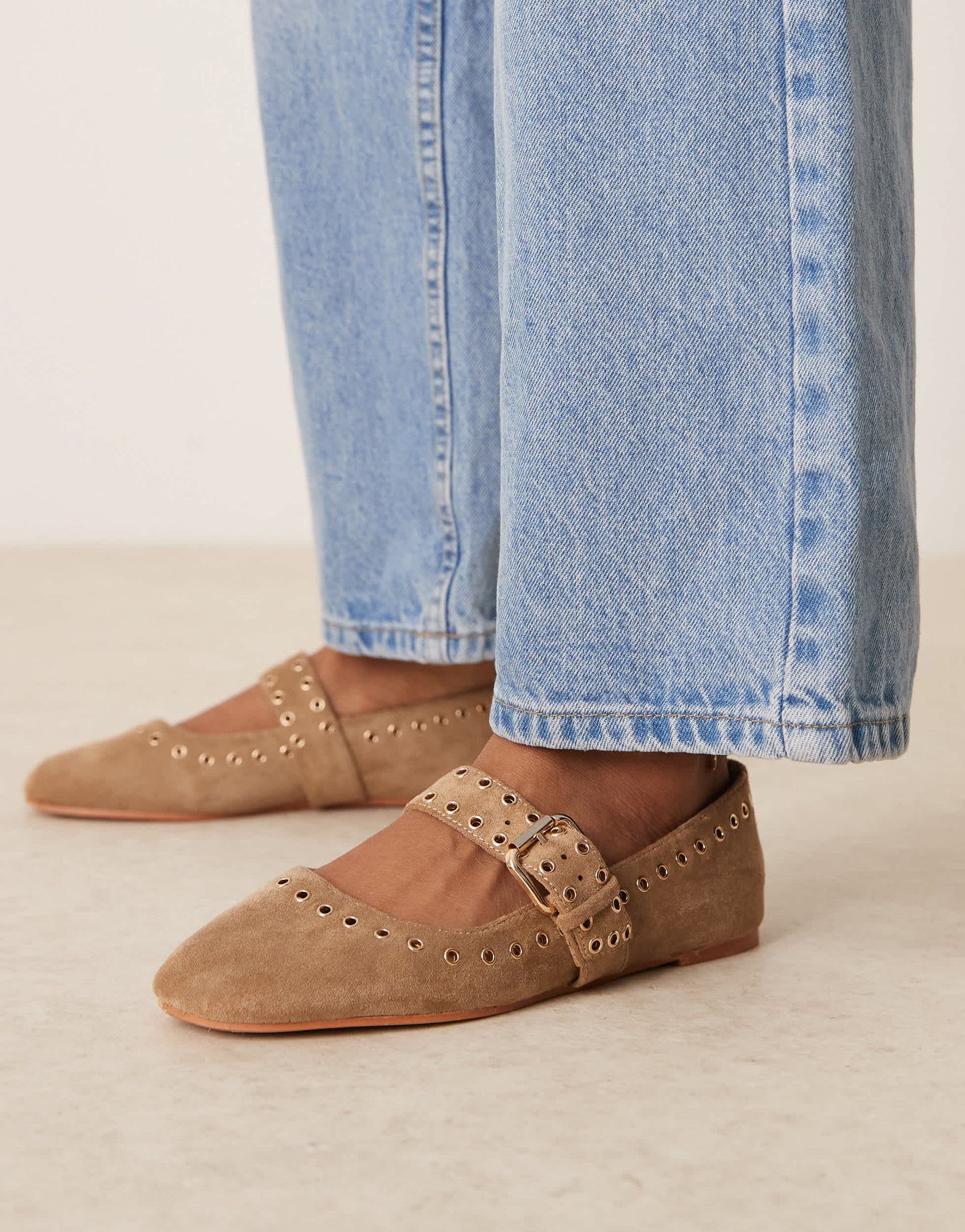 ASOS DESIGN Larson eyelet mary jane ballets in taupe suedette