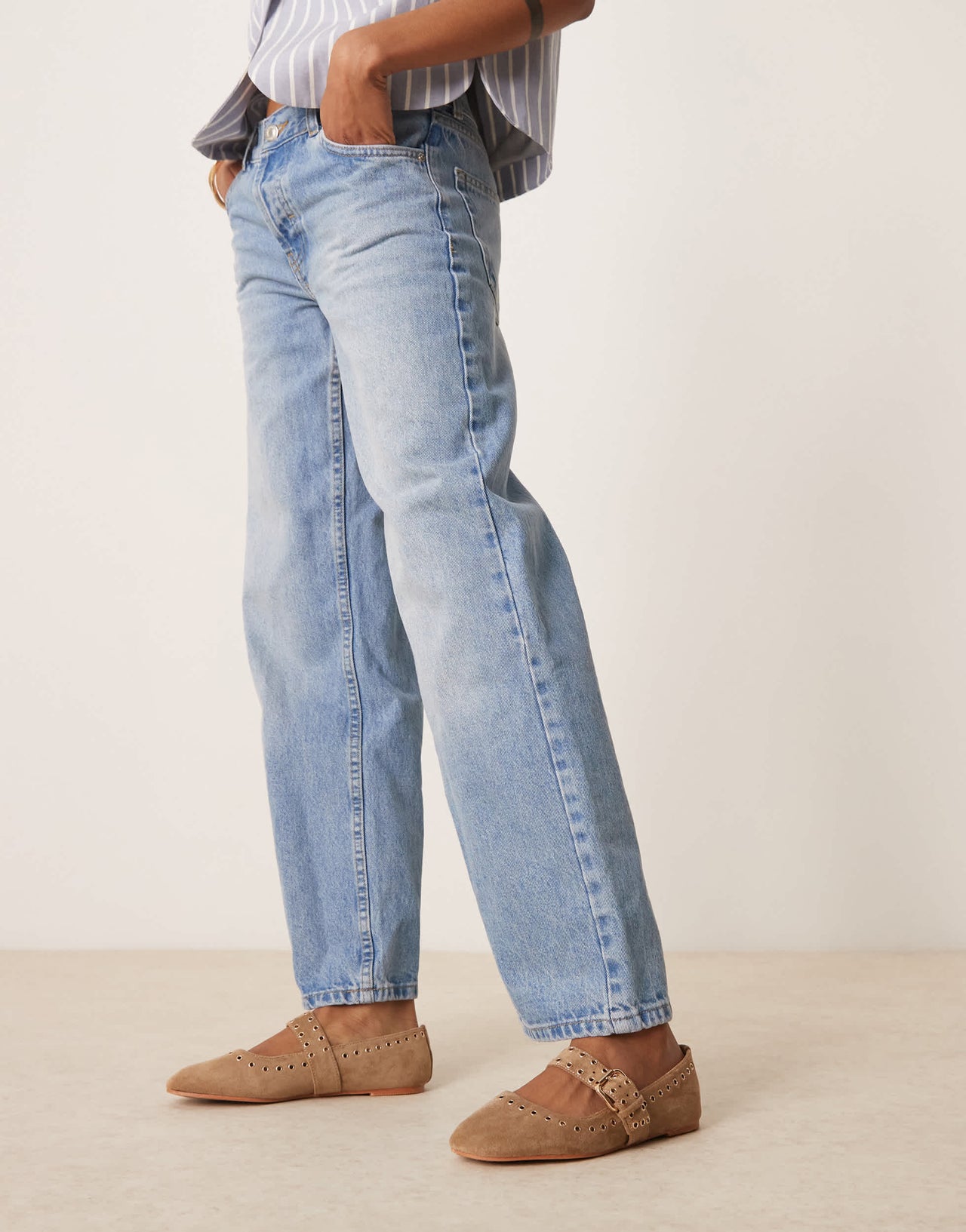 ASOS DESIGN Larson eyelet mary jane ballets in taupe suedette