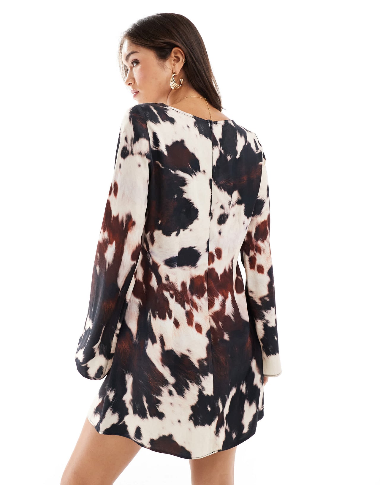 ASOS DESIGN satin angel sleeve mini dress in cow print