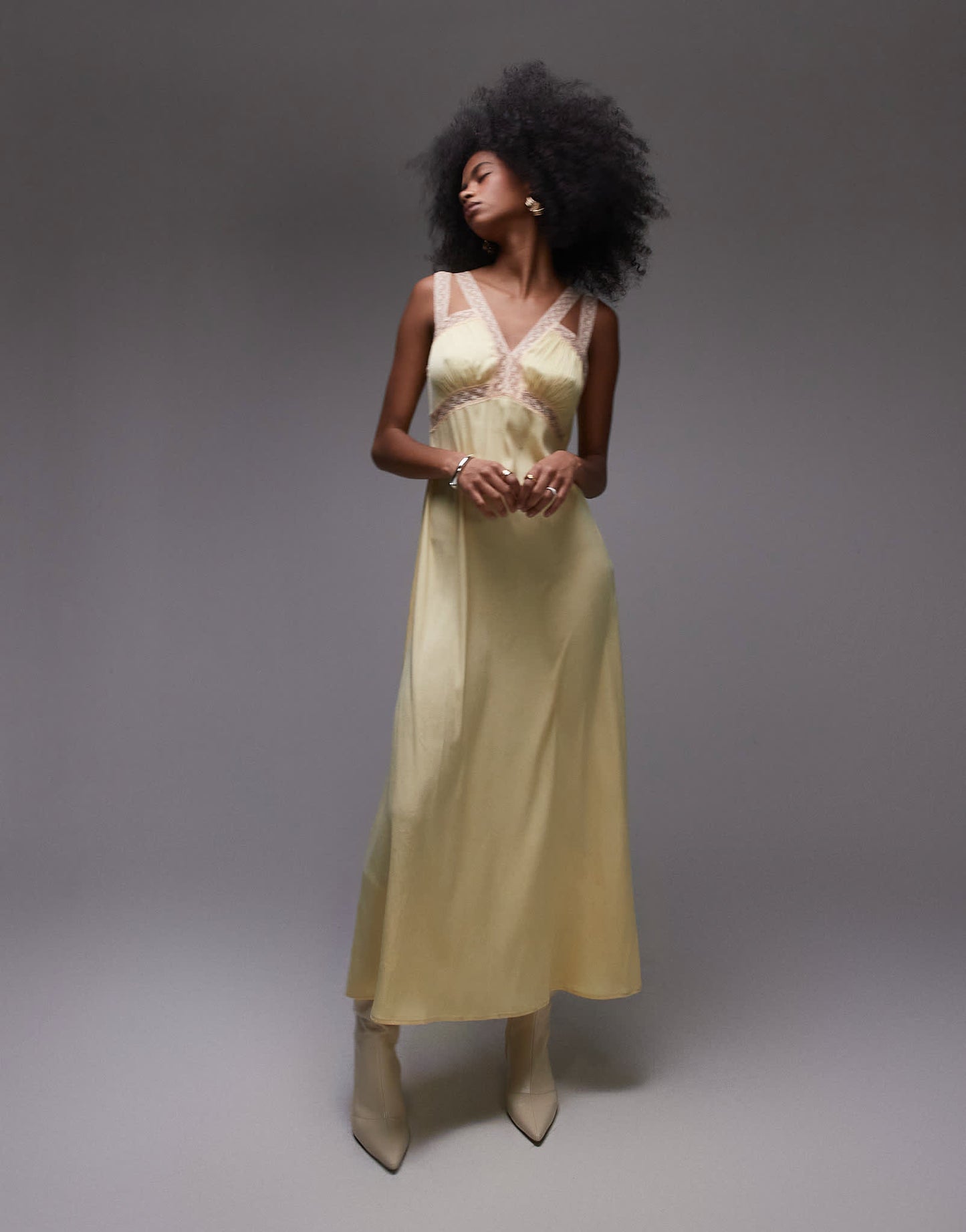 Topshop lace insert midi dress with pleated bust in lemon and peach