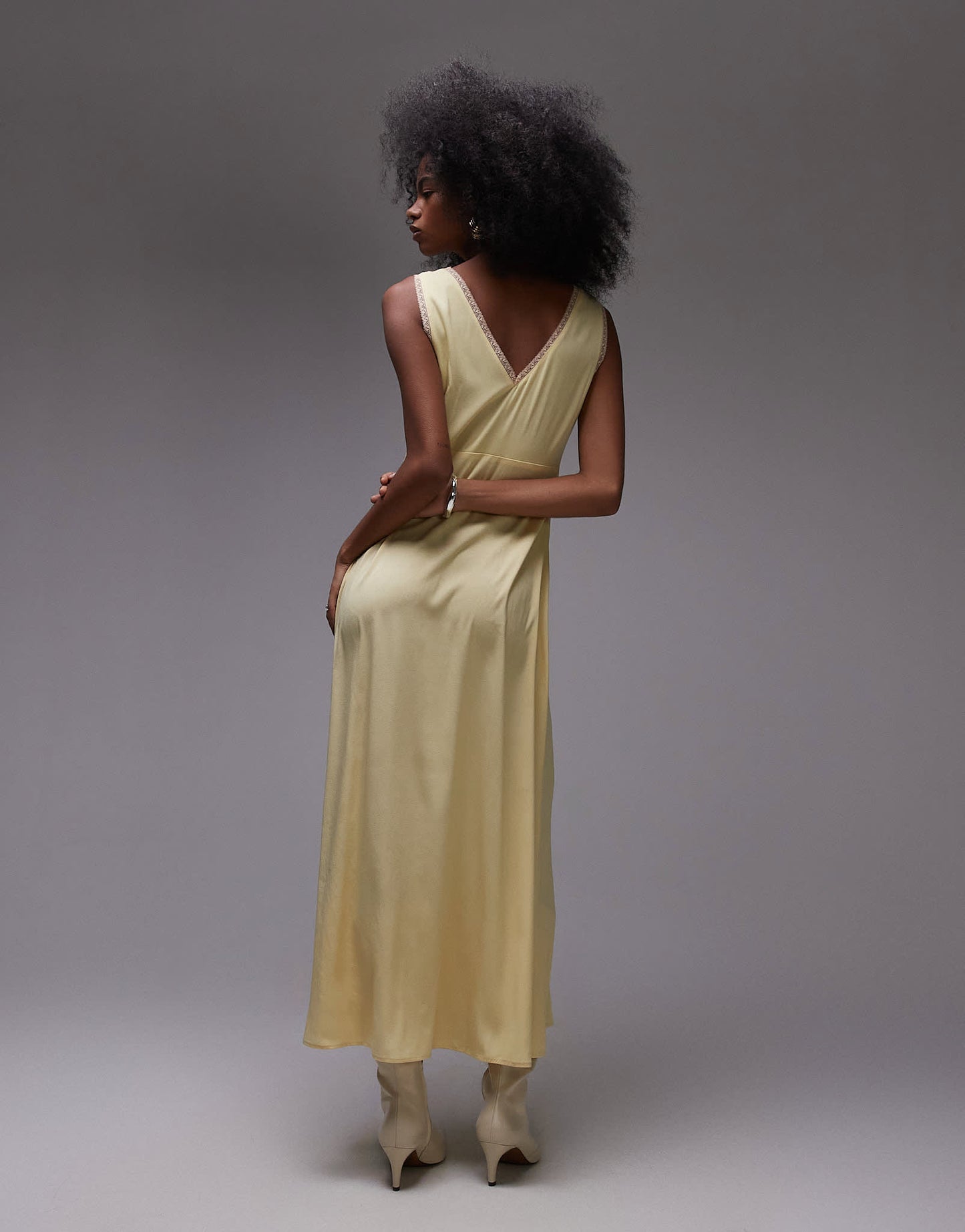 Topshop lace insert midi dress with pleated bust in lemon and peach