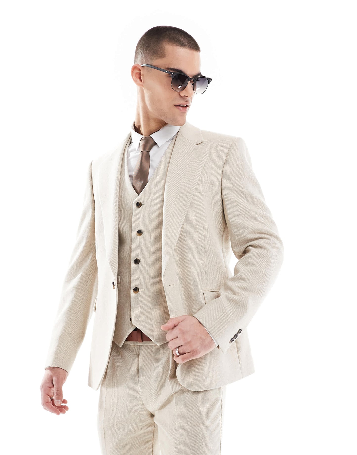 ASOS DESIGN skinny wool blend suit jacket in stone herringbone