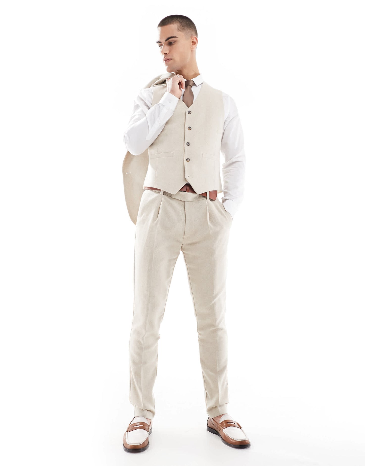ASOS DESIGN skinny wool blend suit waistcoat in stone herringbone
