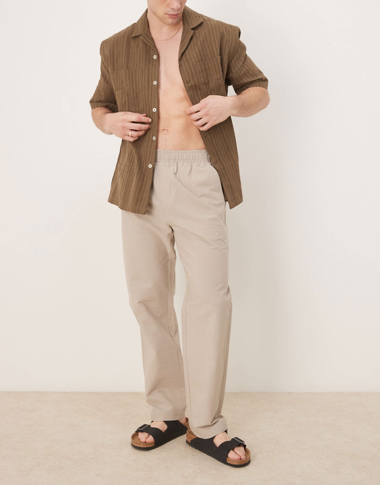 Selected straight fit seersucker trousers in cream
