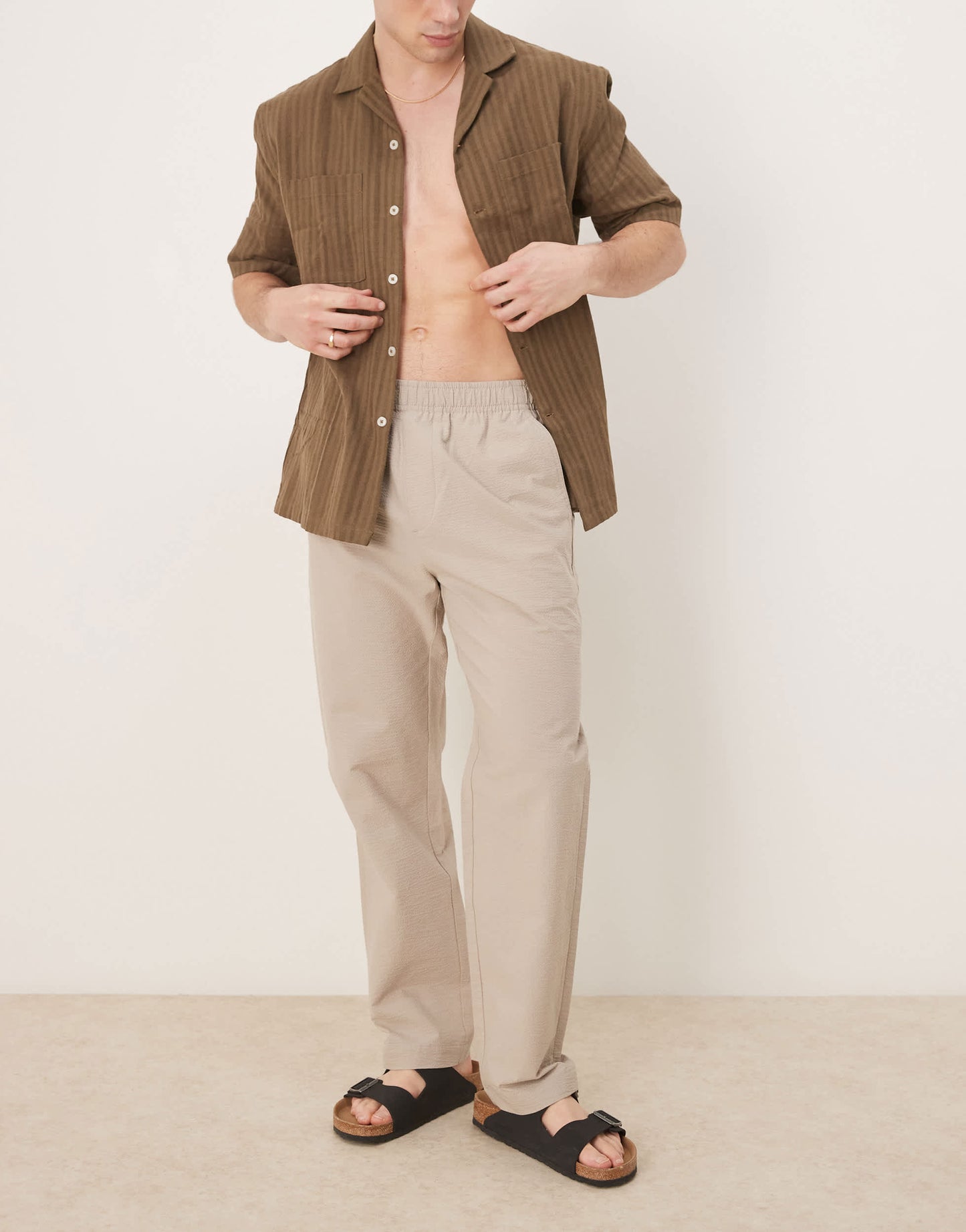 Selected straight fit seersucker trousers in cream