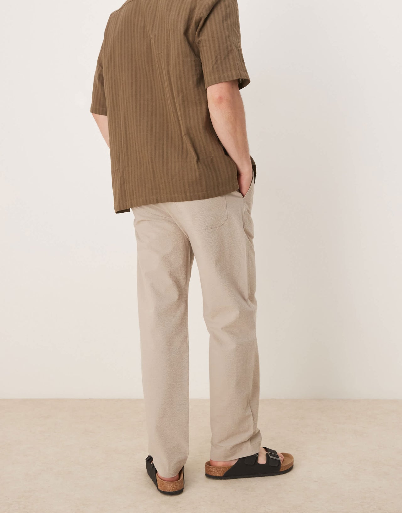 Selected straight fit seersucker trousers in cream