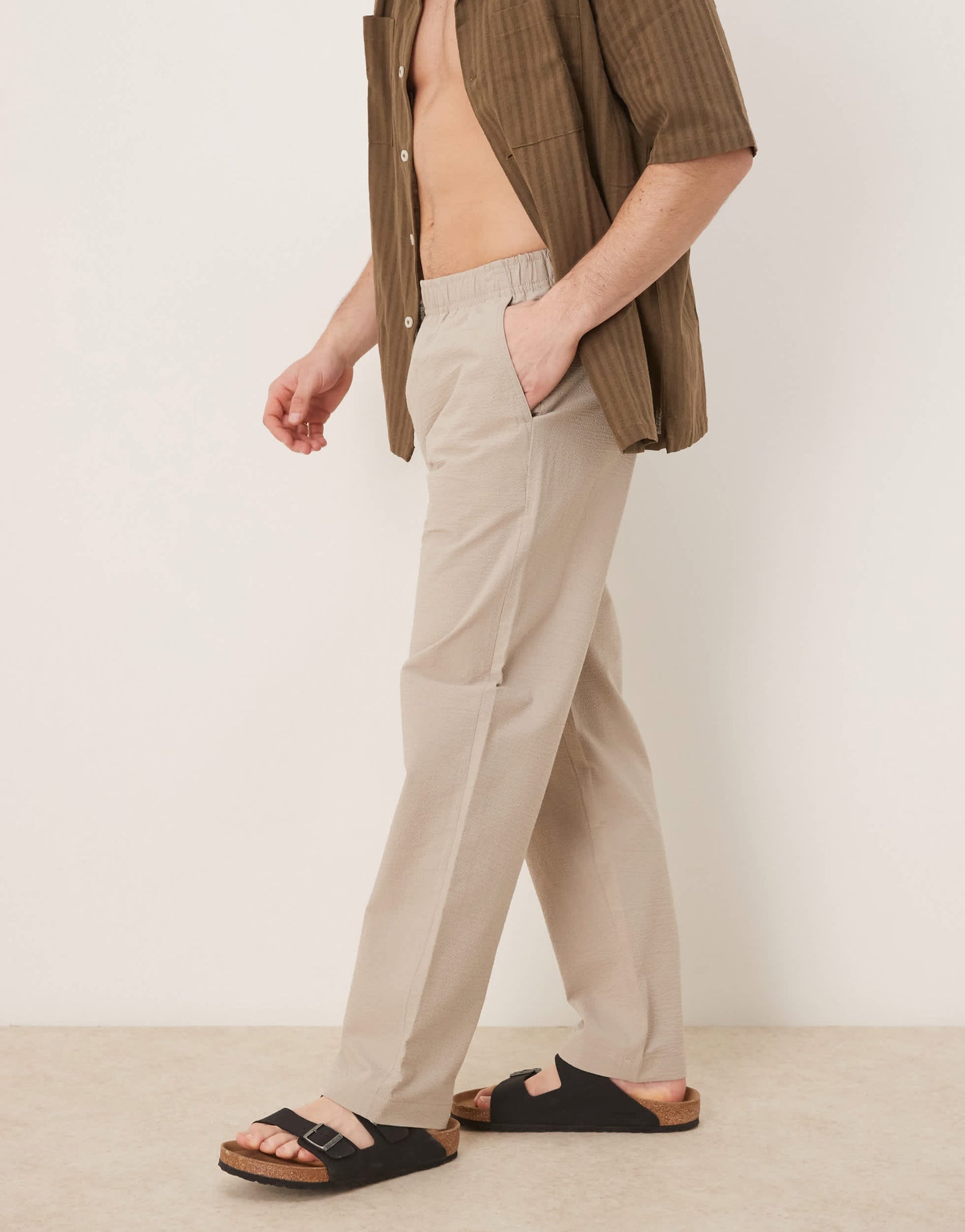 Selected straight fit seersucker trousers in cream