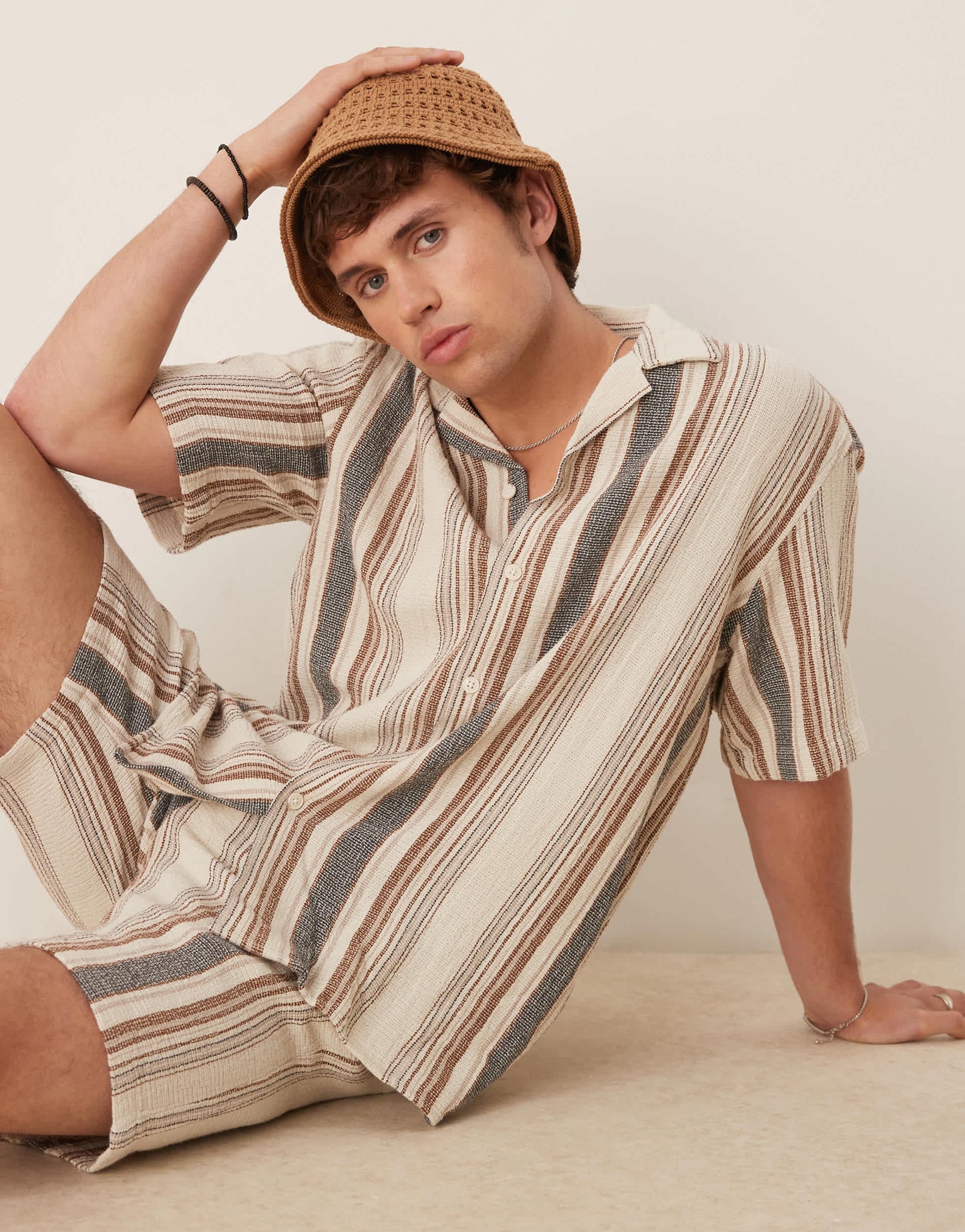 Selected 100% cotton co-ord textured stripe shirt in multi