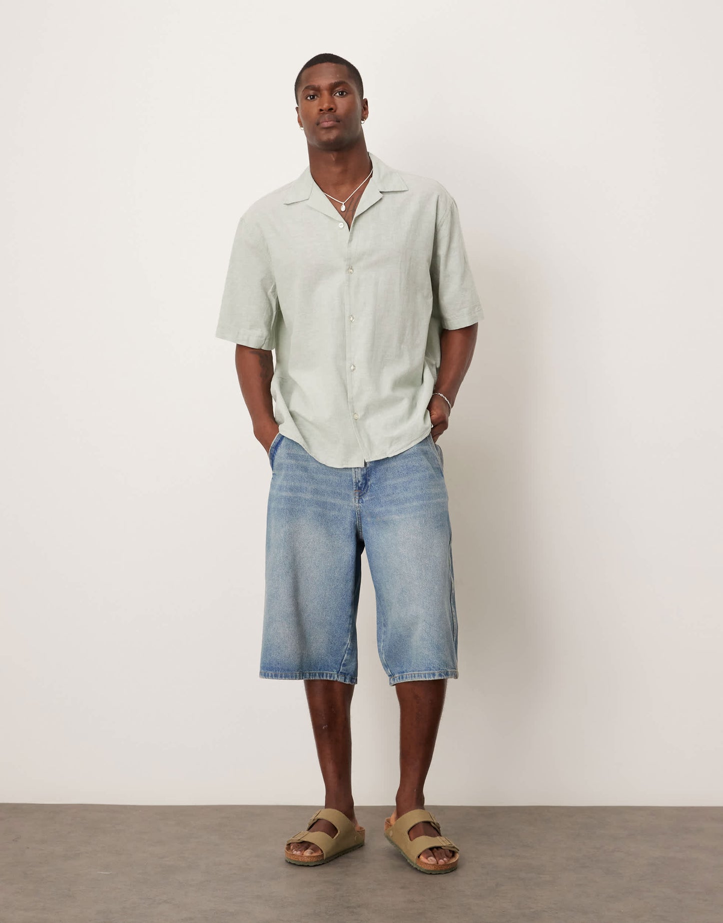 Selected revere collar linen blend shirt in green