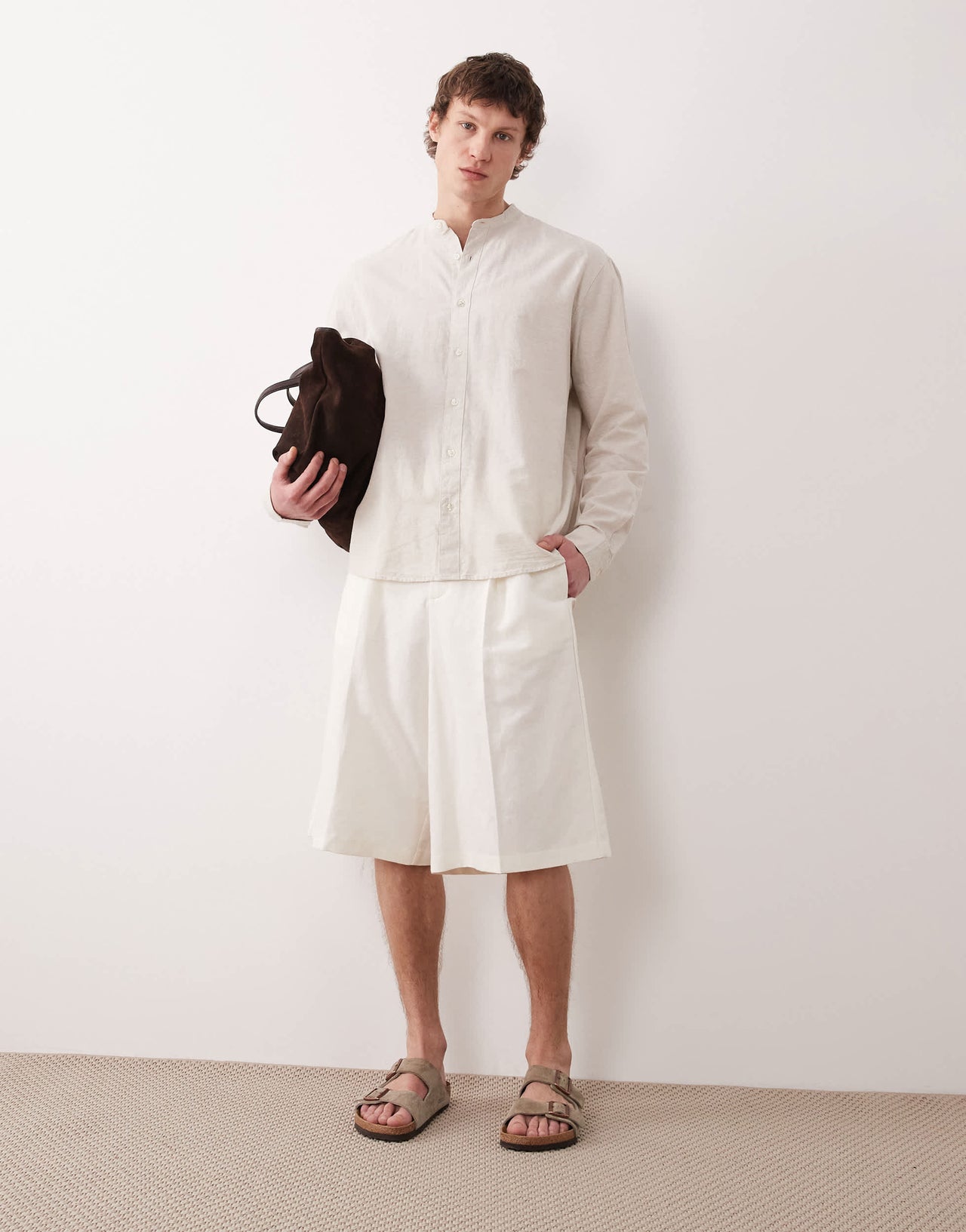 Selected long sleeve grandad collar linen blend shirt in cream