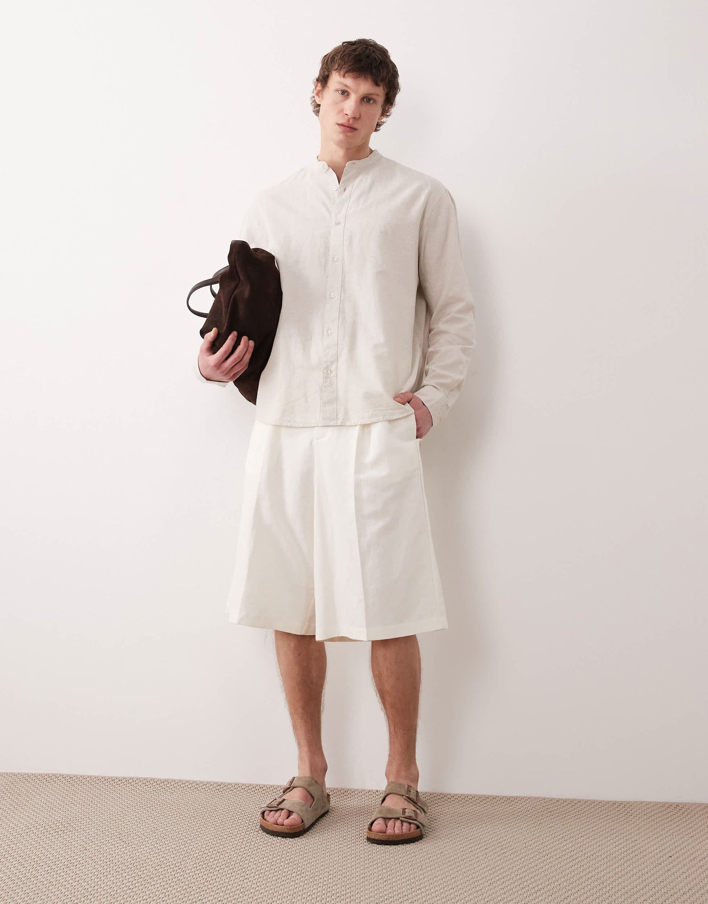 Selected long sleeve grandad collar linen blend shirt in cream