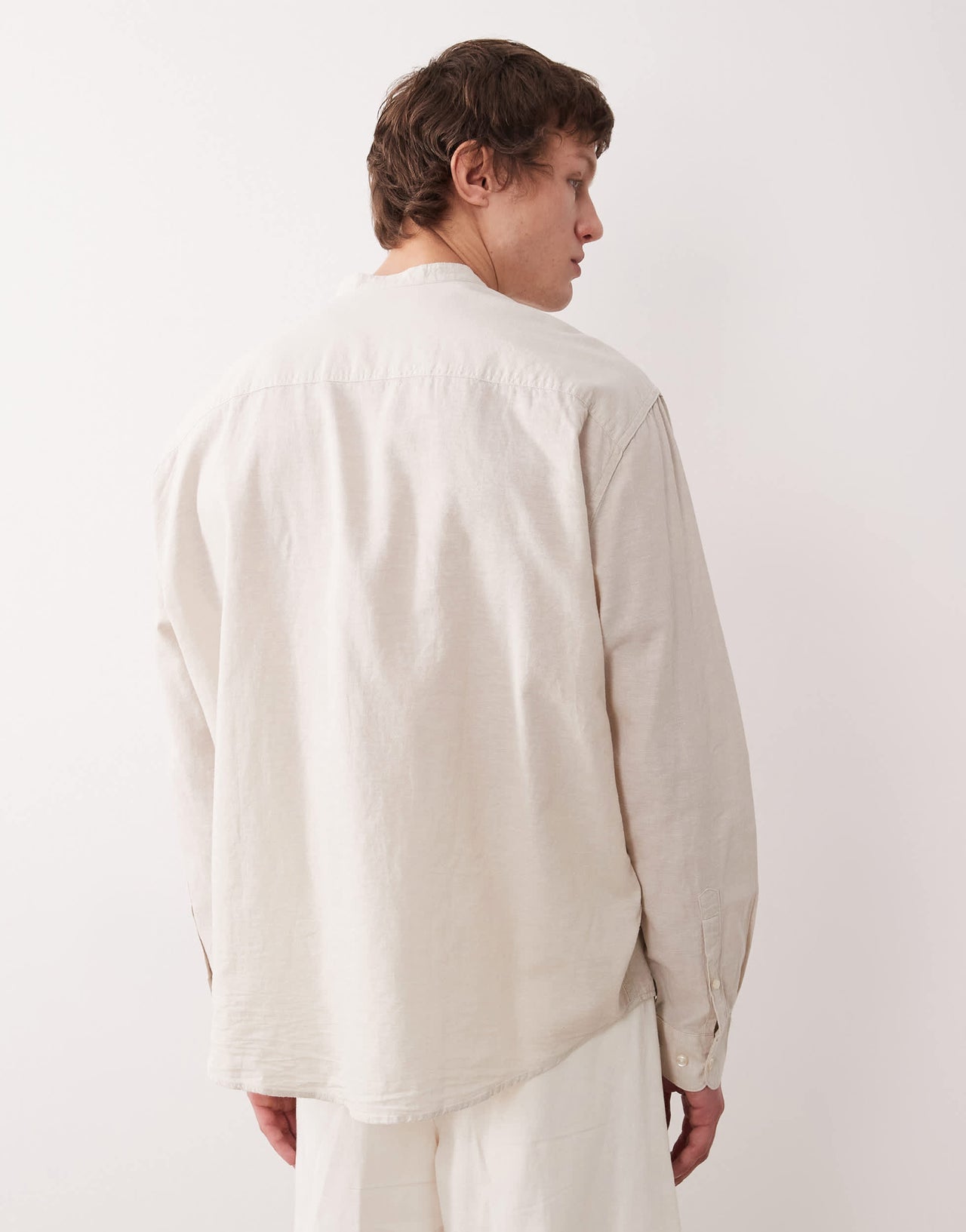 Selected long sleeve grandad collar linen blend shirt in cream