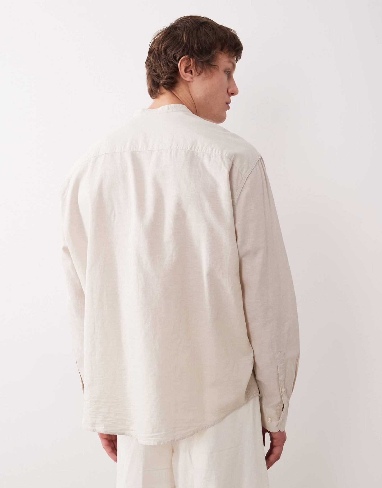 Selected long sleeve grandad collar linen blend shirt in cream