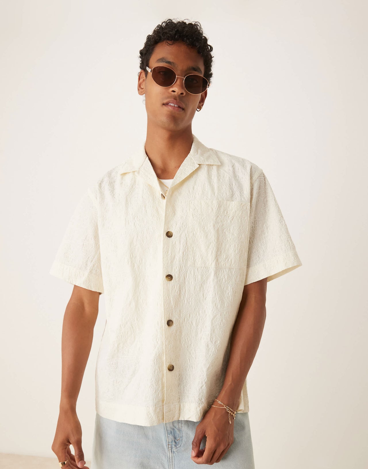 Selected 100% cotton textured pattern shirt in cream
