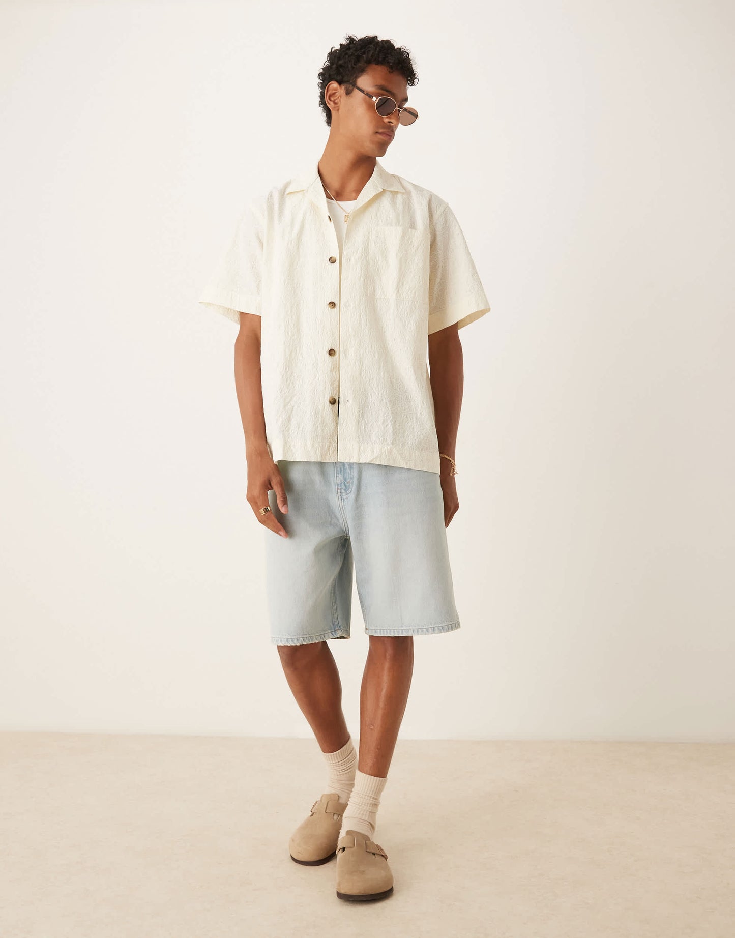 Selected 100% cotton textured pattern shirt in cream
