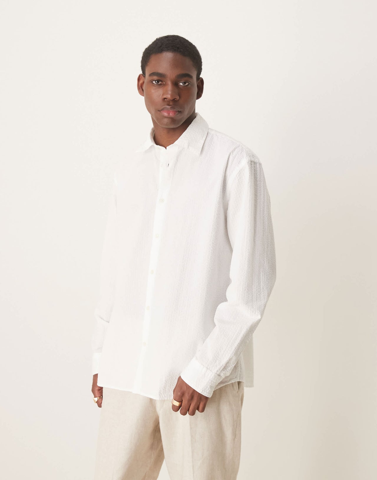 Selected long sleeve seersucker shirt in white