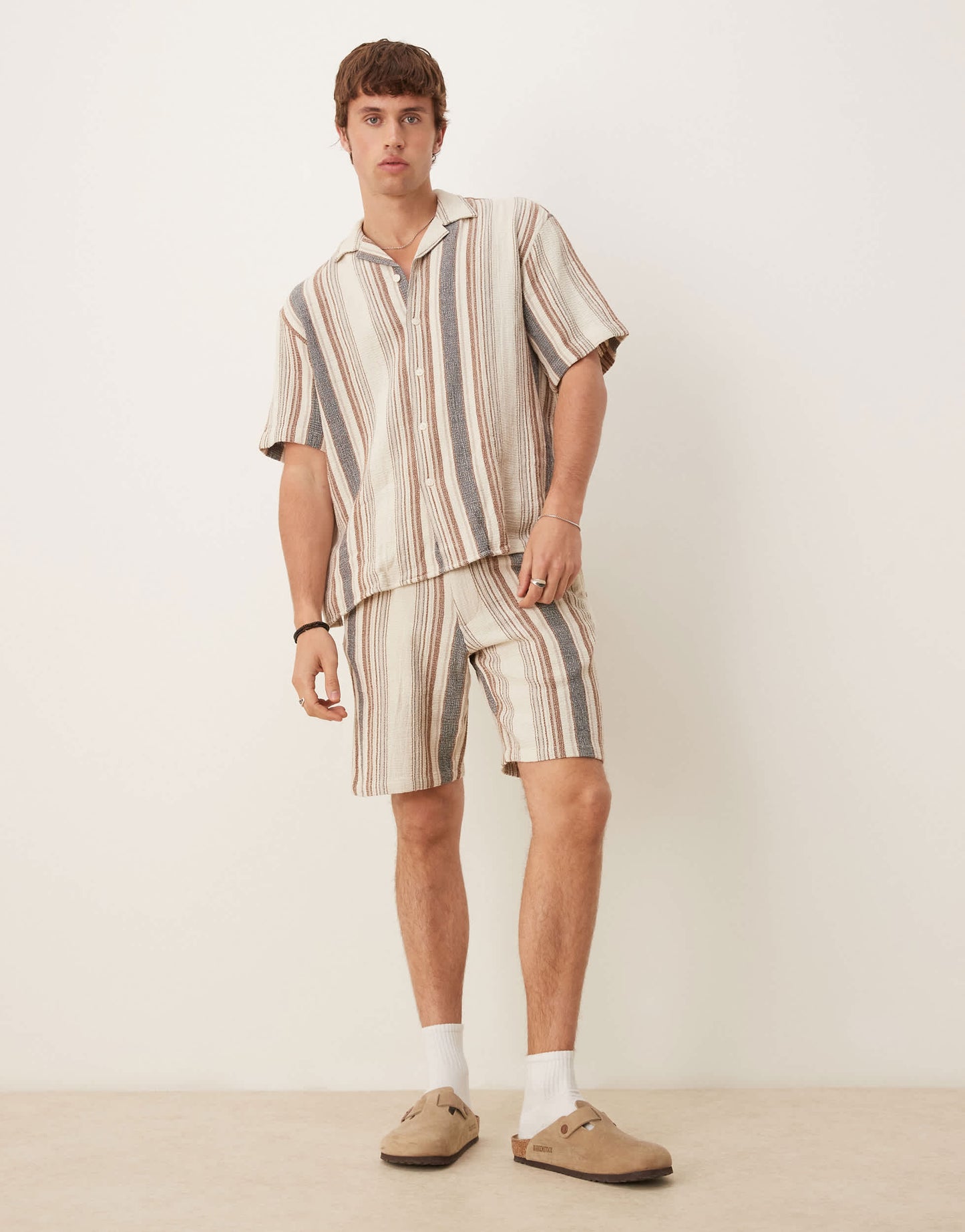 Selected 100% cotton co-ord textured stripe shorts in multi