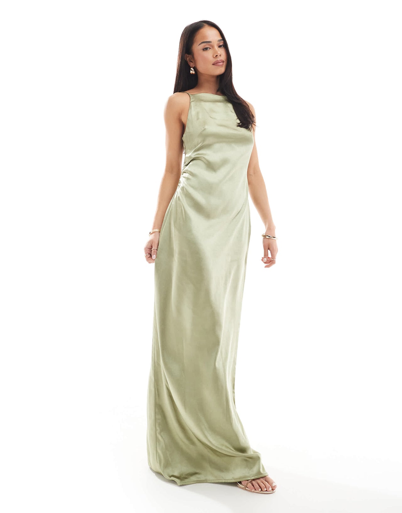 Pretty Lavish Bridesmaid satin boat neck maxi dress in olive