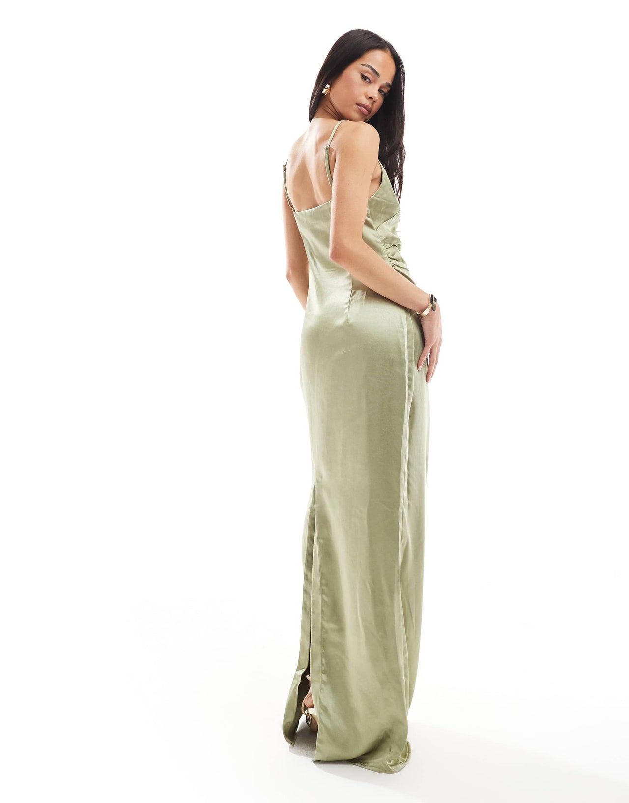 Pretty Lavish Bridesmaid satin boat neck maxi dress in olive