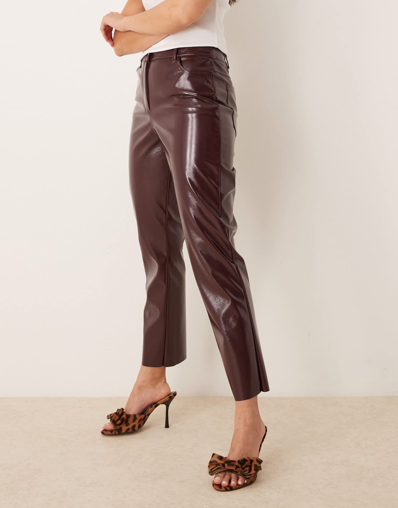 New Look straight leg vinyl trousers in burgundy
