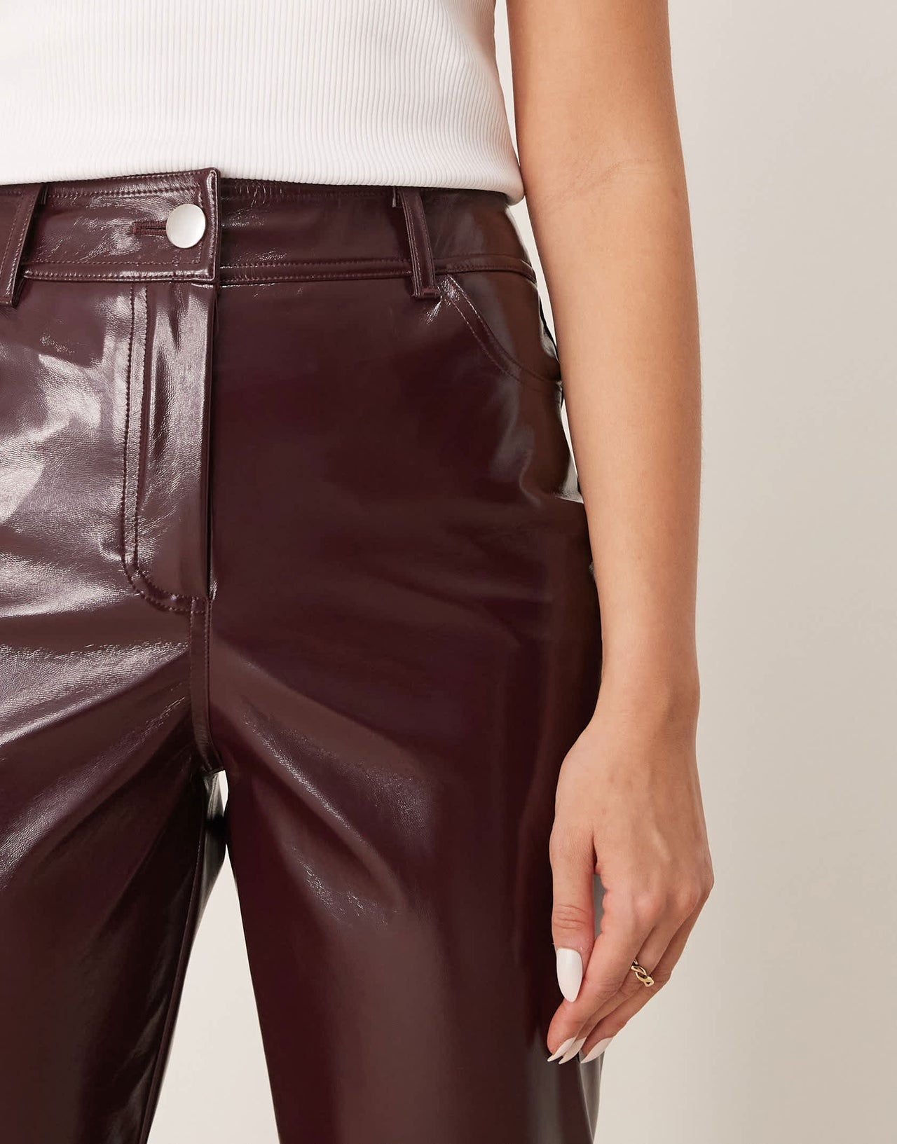 New Look straight leg vinyl trousers in burgundy