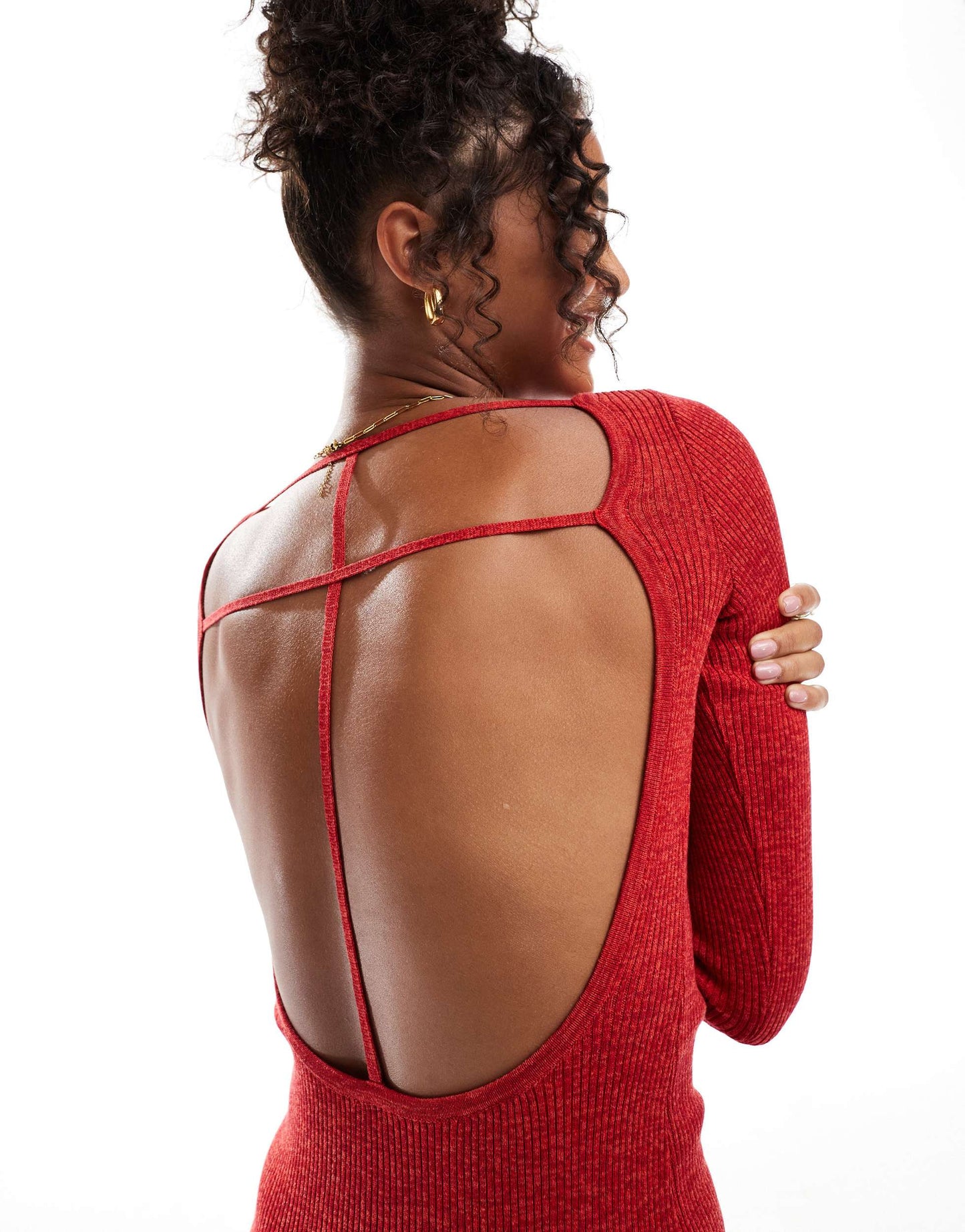 Bershka knitted open back dress in red