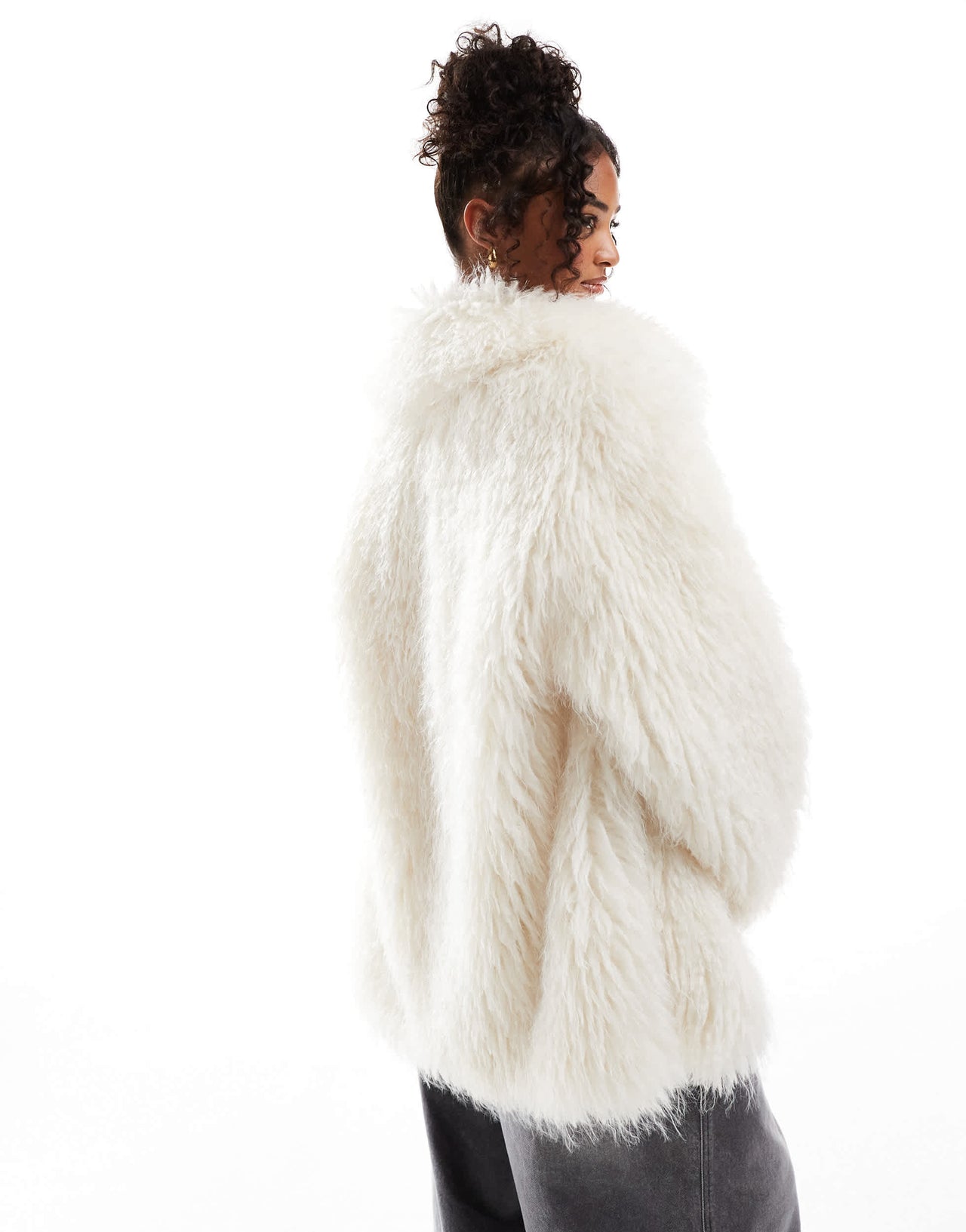 Bershka longline faux fur coat in ecru