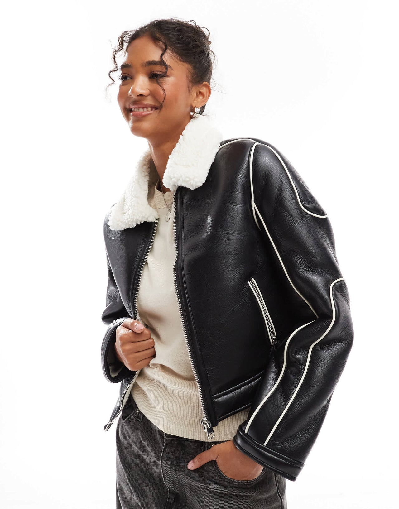 Bershka double faced aviator jacket with fur trim in black