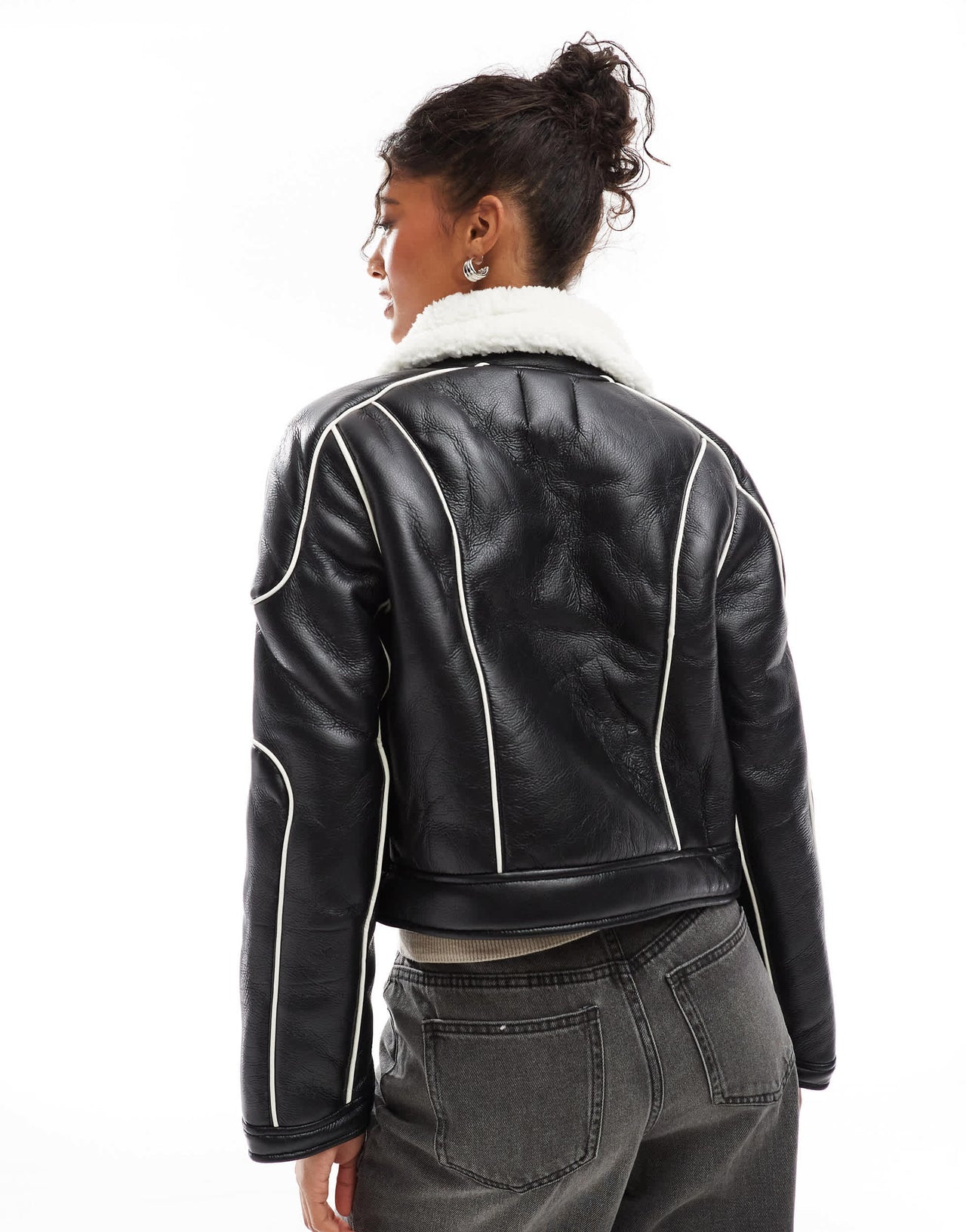 Bershka double faced aviator jacket with fur trim in black