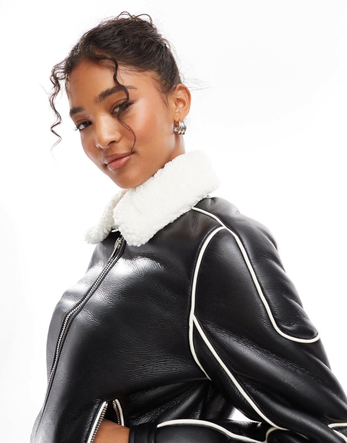 Bershka double faced aviator jacket with fur trim in black