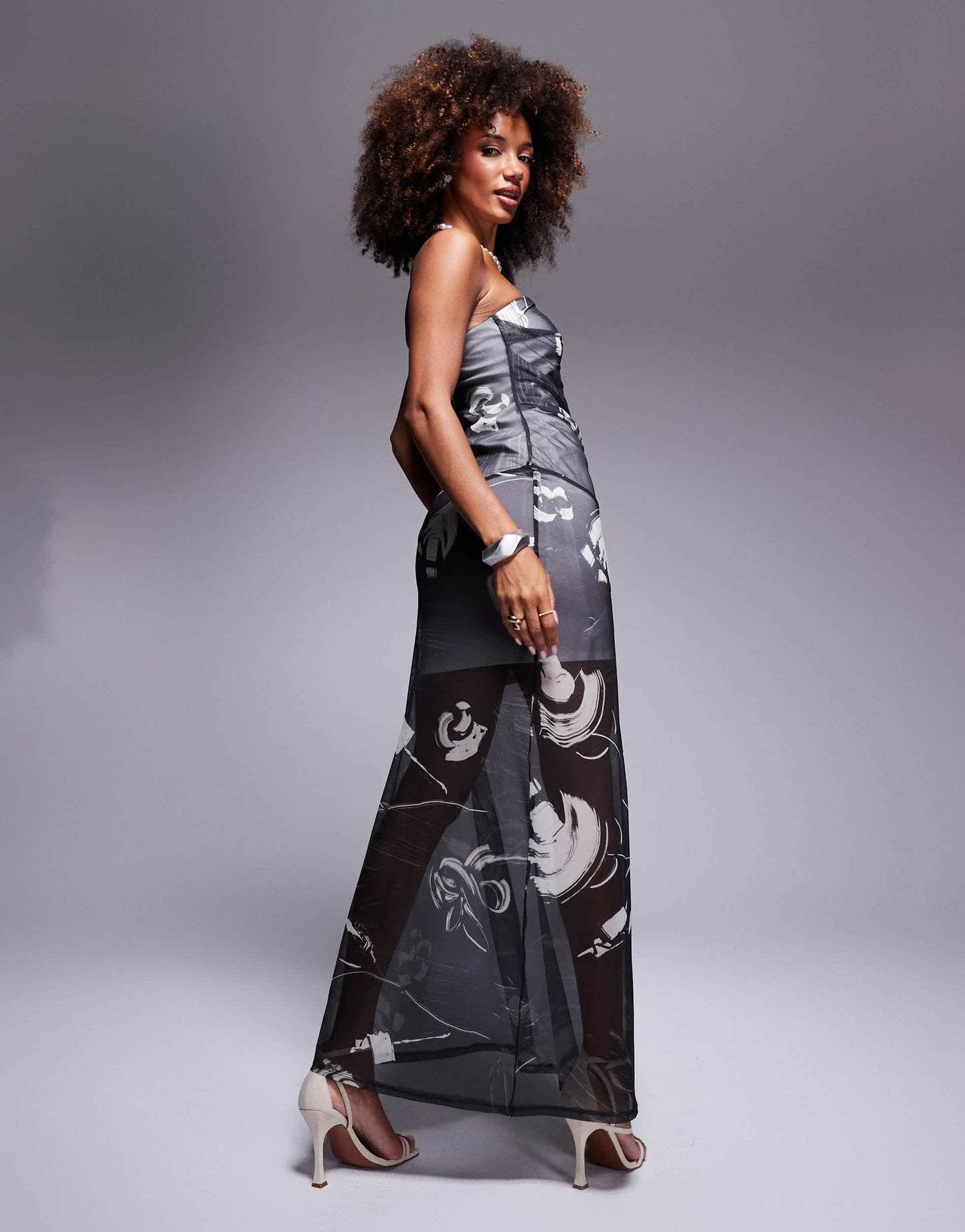 ASOS DESIGN mesh bandeau midi dress with sweeping bodice detail in mono marble print