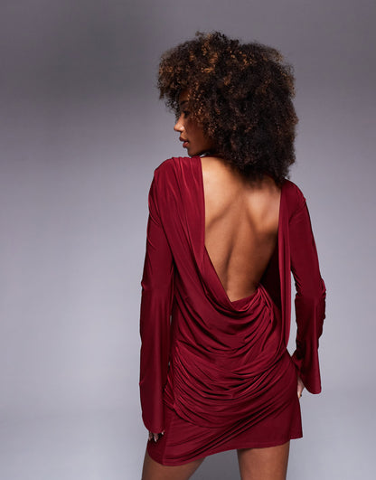 ASOS DESIGN double draped back off shoulder mini dress in burgundy