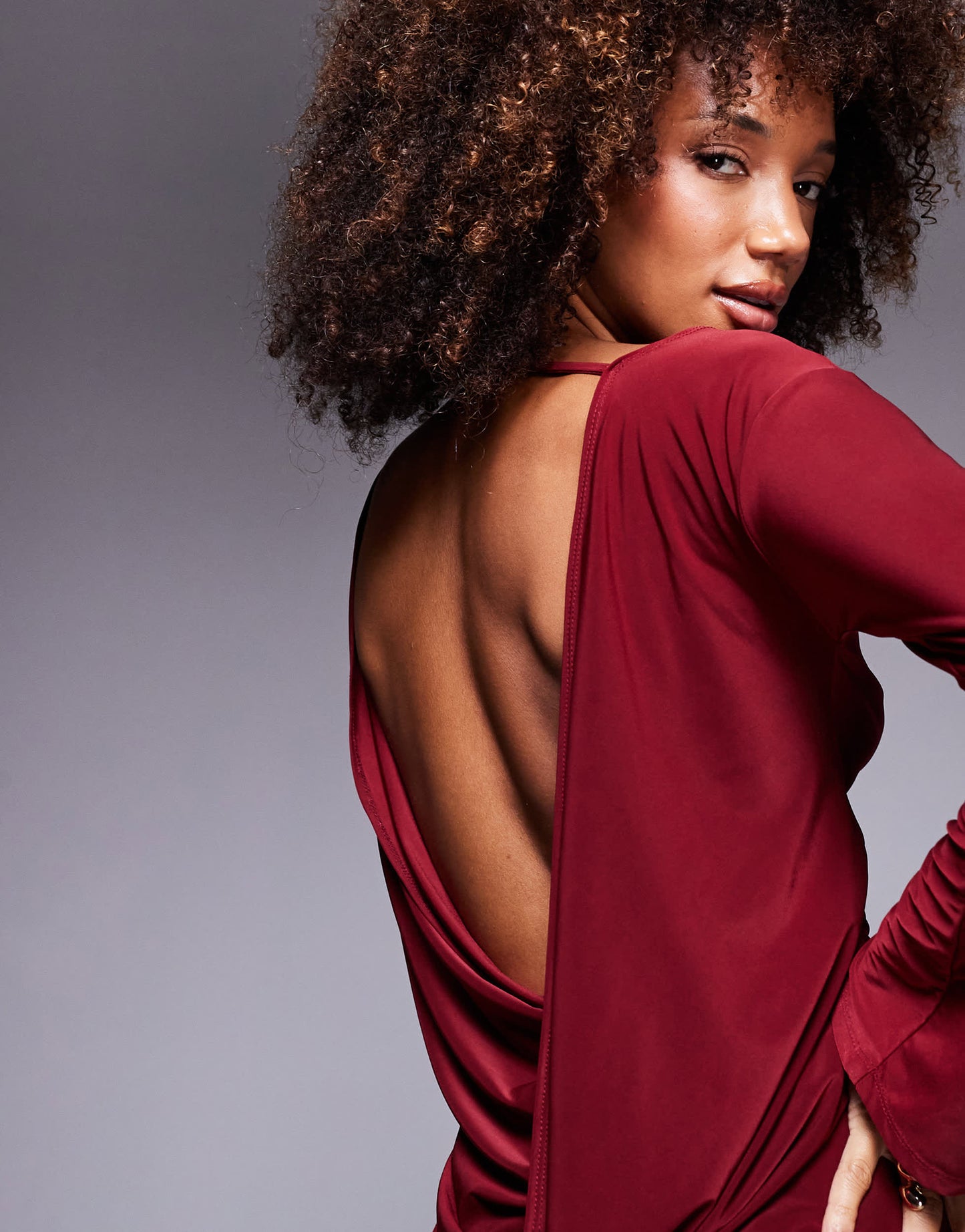 ASOS DESIGN double draped back off shoulder mini dress in burgundy