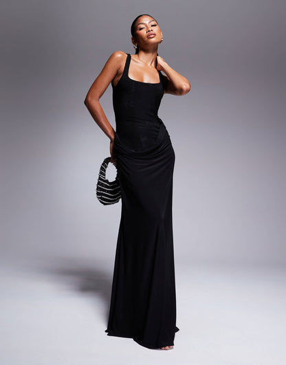 ASOS DESIGN maxi dress with devore bodice and draped slinky skirt