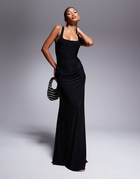 ASOS DESIGN maxi dress with devore bodice and draped slinky skirt