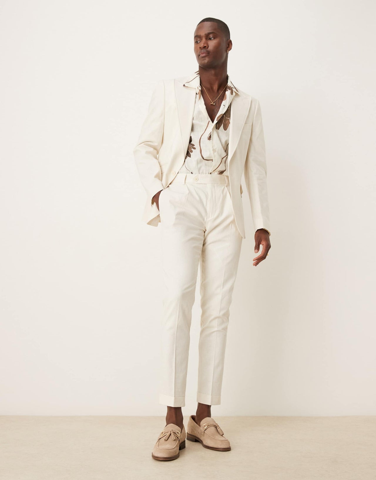 ASOS DESIGN linen blend skinny suit chino trousers in cream