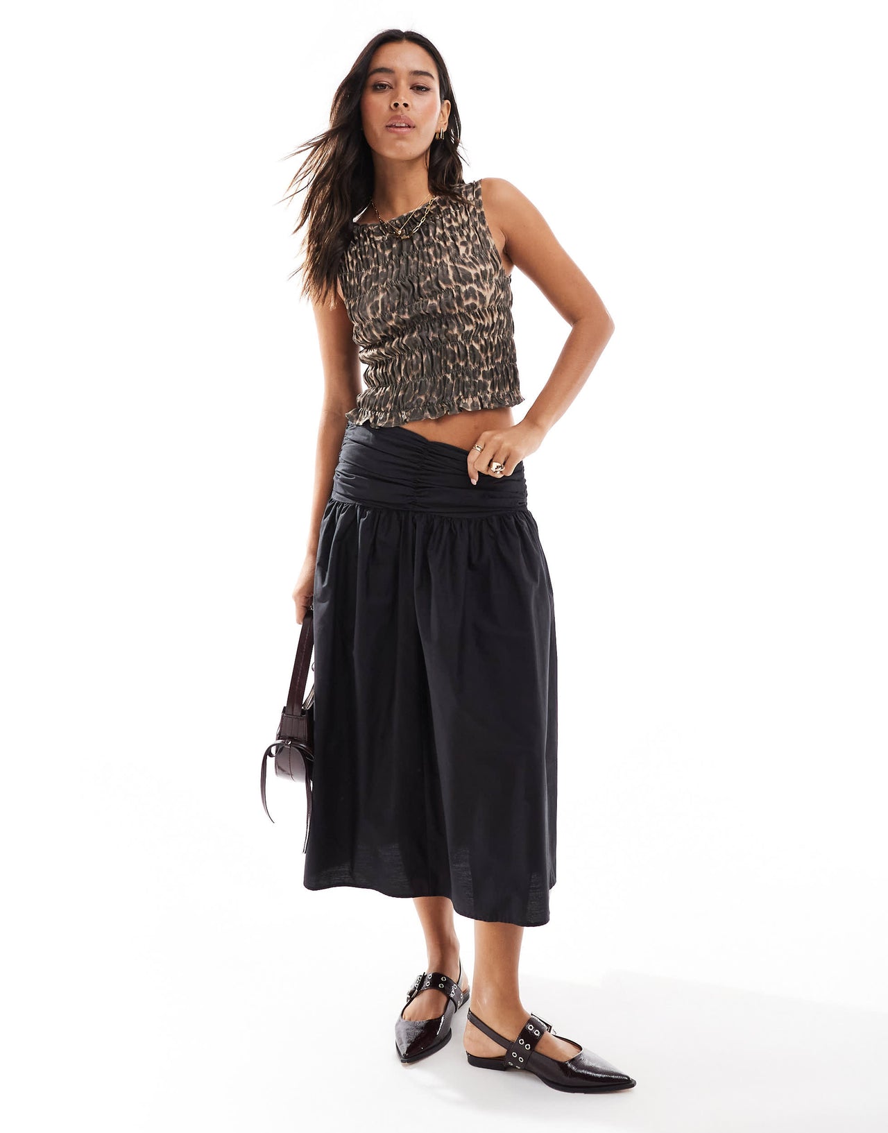 Pull&Bear ruched poplin midi skirt in black