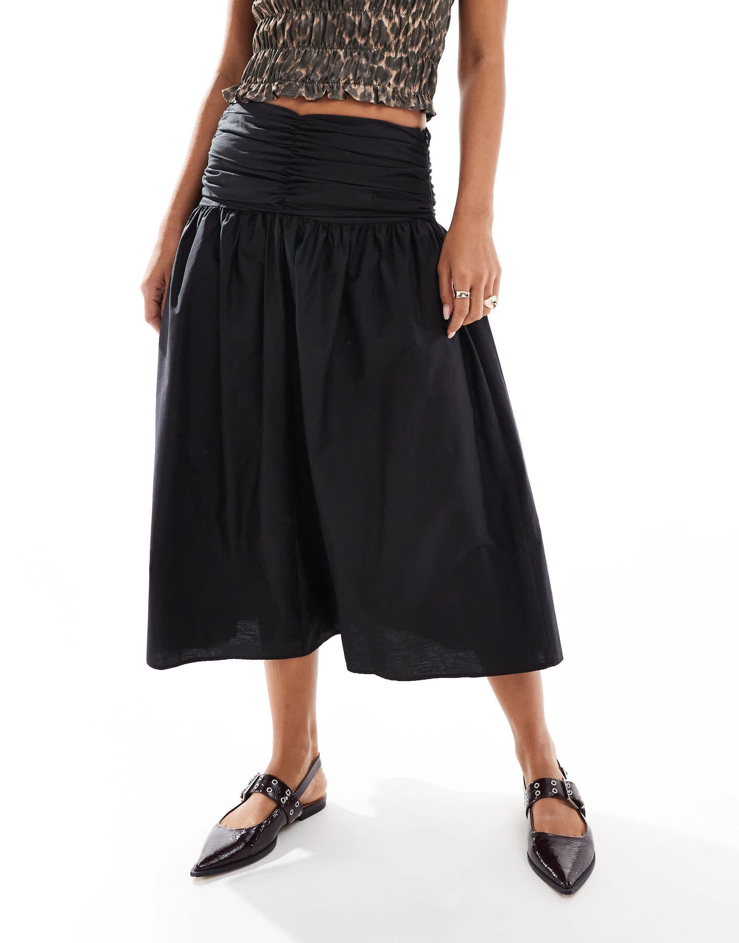 Pull&Bear ruched poplin midi skirt in black