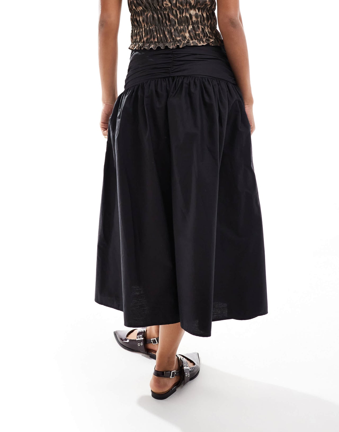 Pull&Bear ruched poplin midi skirt in black