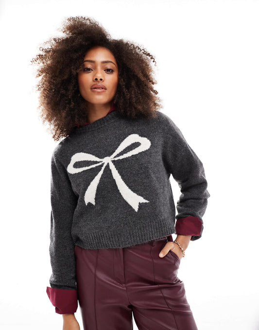 Pull&Bear knit jumper with bow print in dark grey