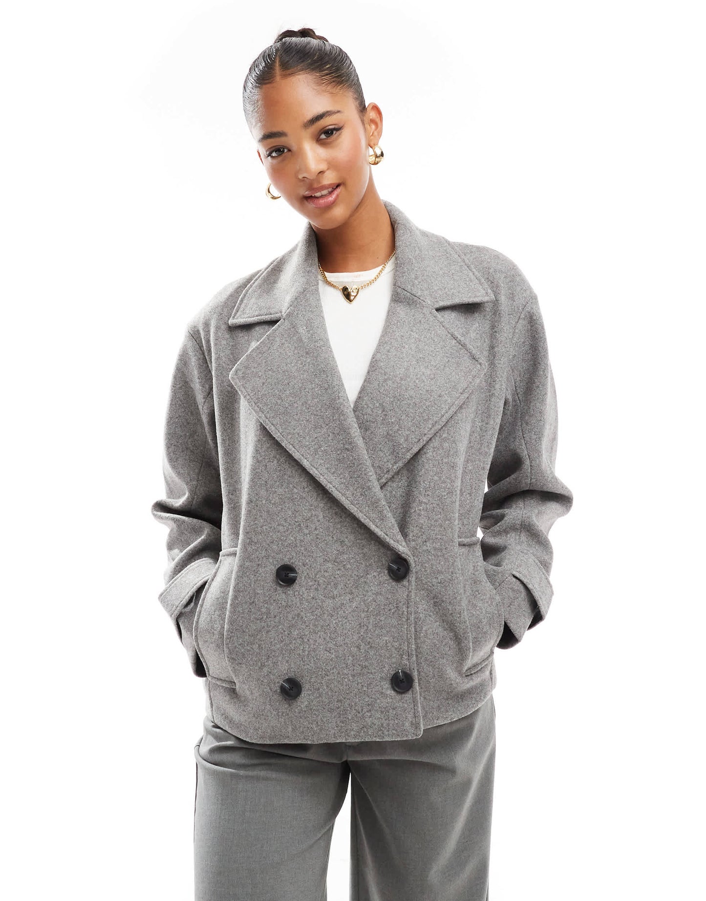 Pull&Bear cropped wool look trench coat in grey