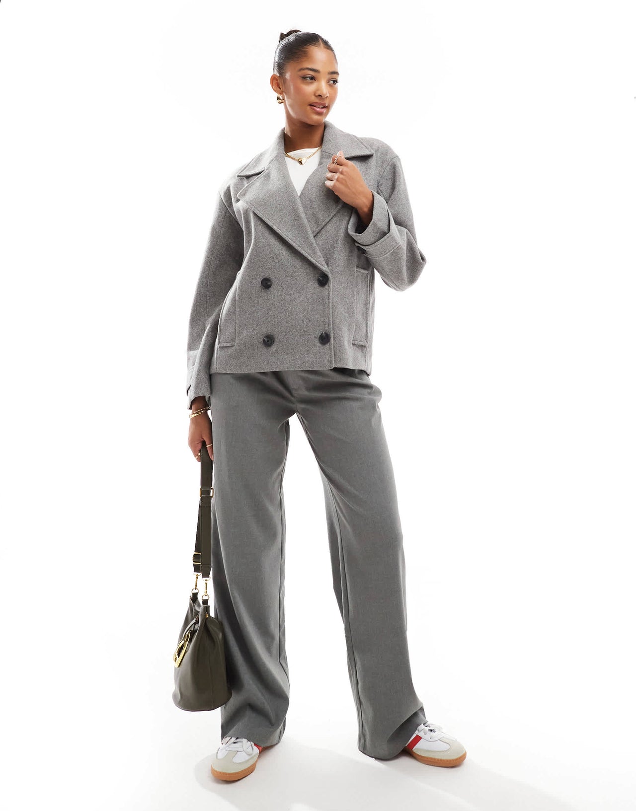 Pull&Bear cropped wool look trench coat in grey