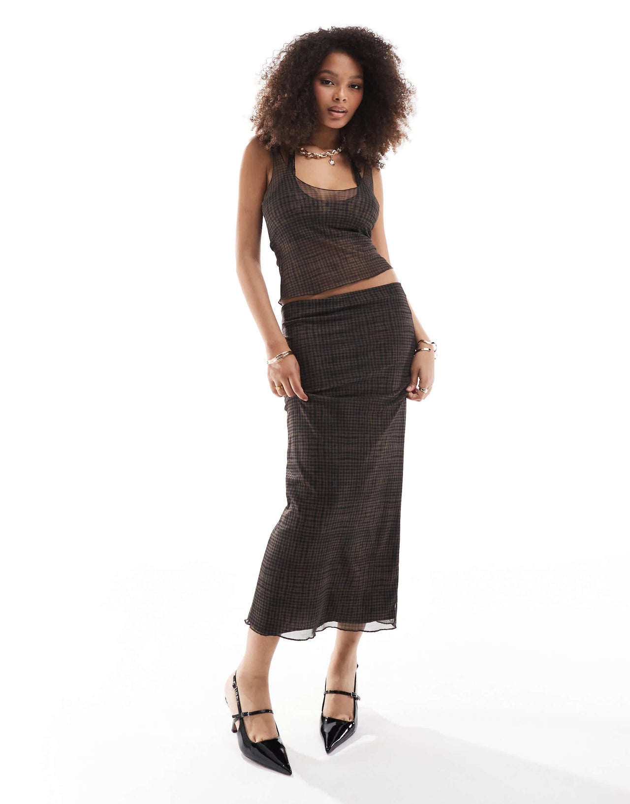 Pull&Bear mesh maxi skirt co-ord in brown check