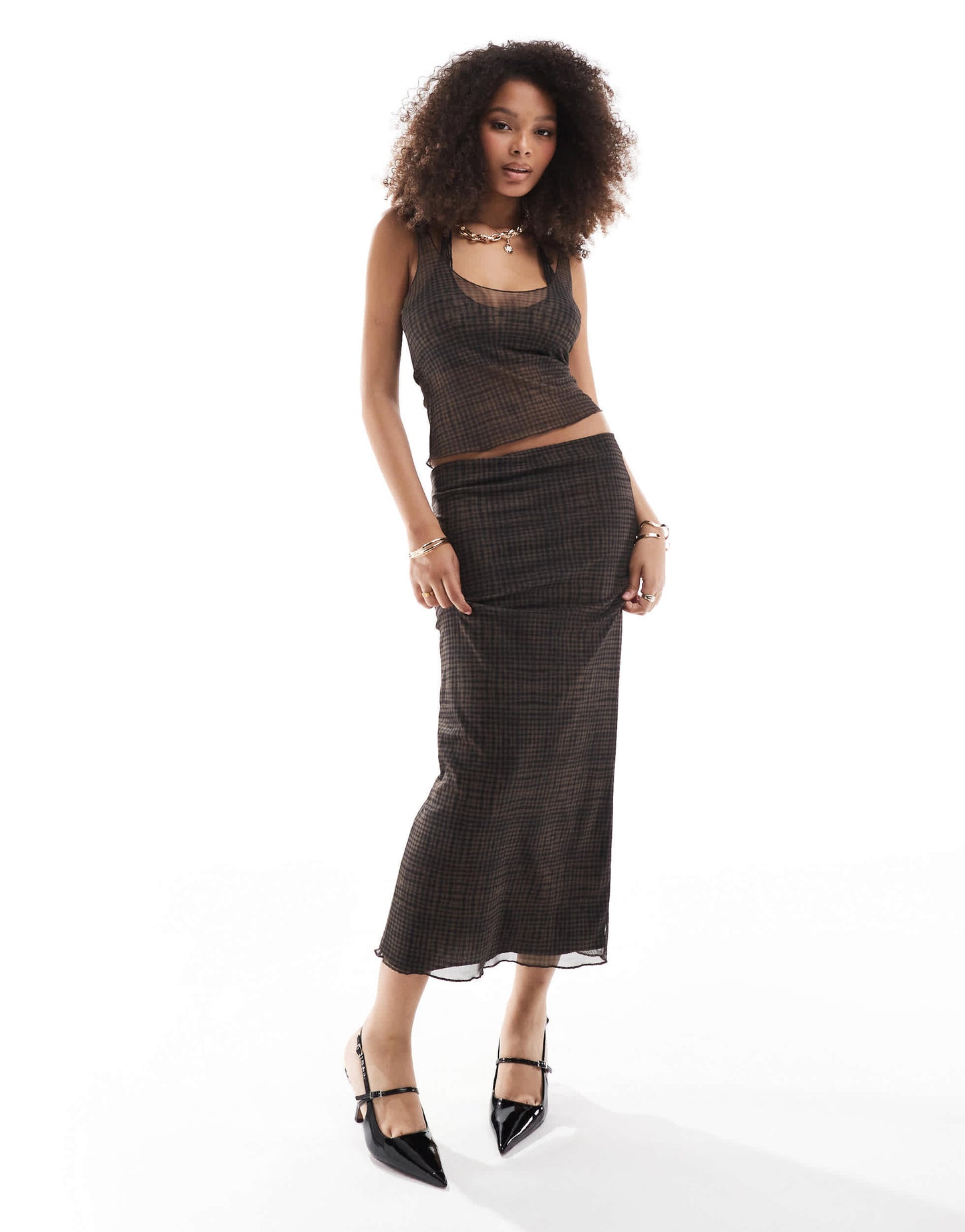 Pull&Bear mesh maxi skirt co-ord in brown check