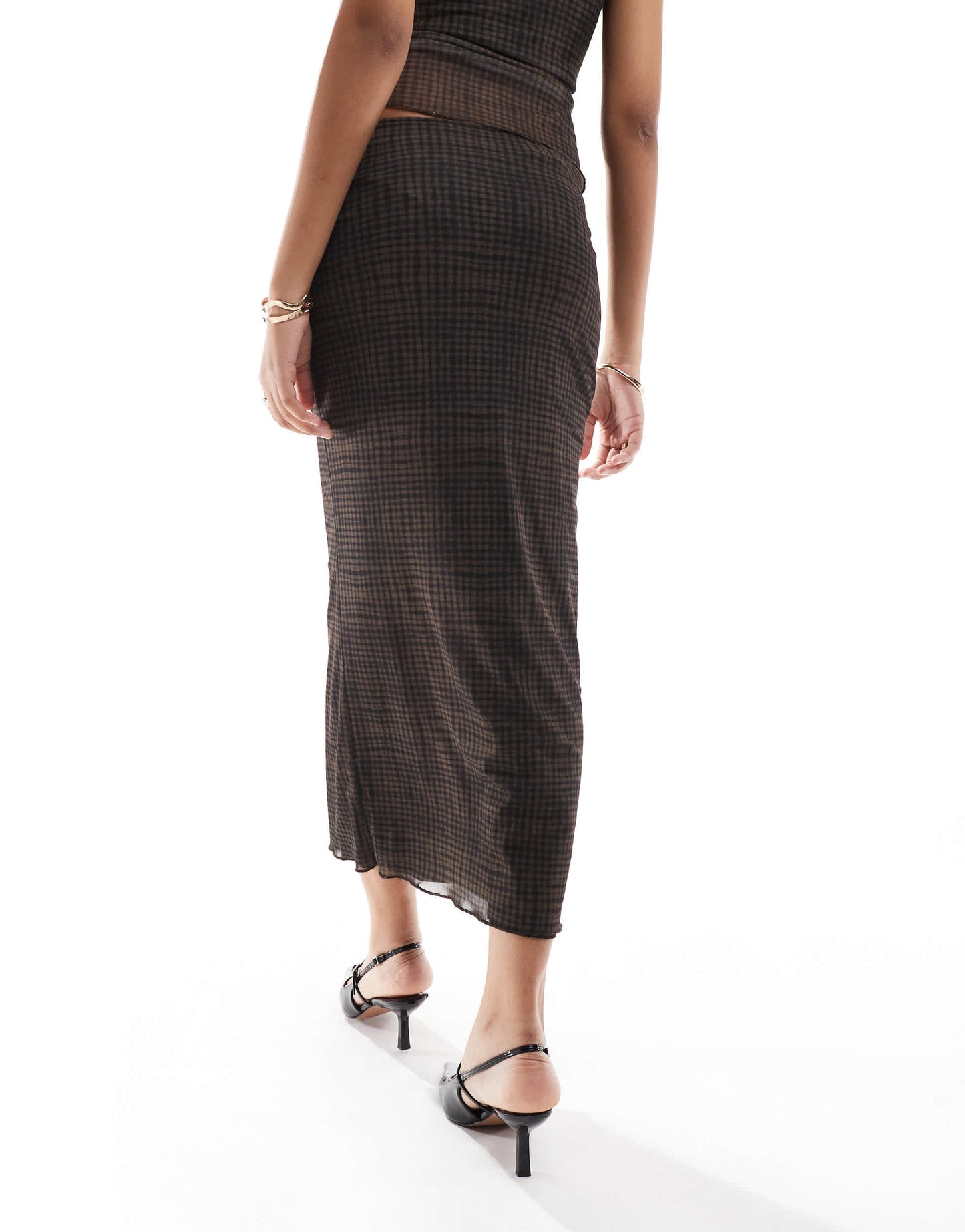 Pull&Bear mesh maxi skirt co-ord in brown check